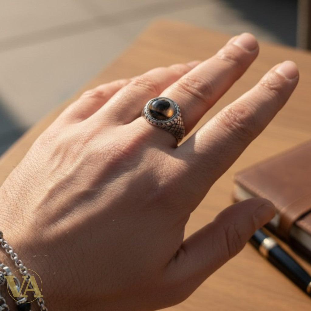 Bague Homme Argent 925 Agate Dendritique – Motif Quadrillé Ottoman | Bijoux Vindicta