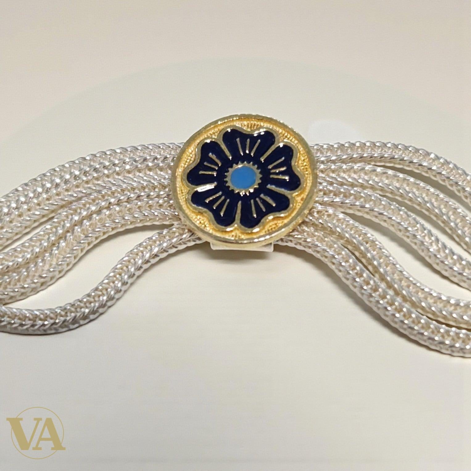 Bracelet femme argent 925 multi-chaînes rosaces dorées turquoise