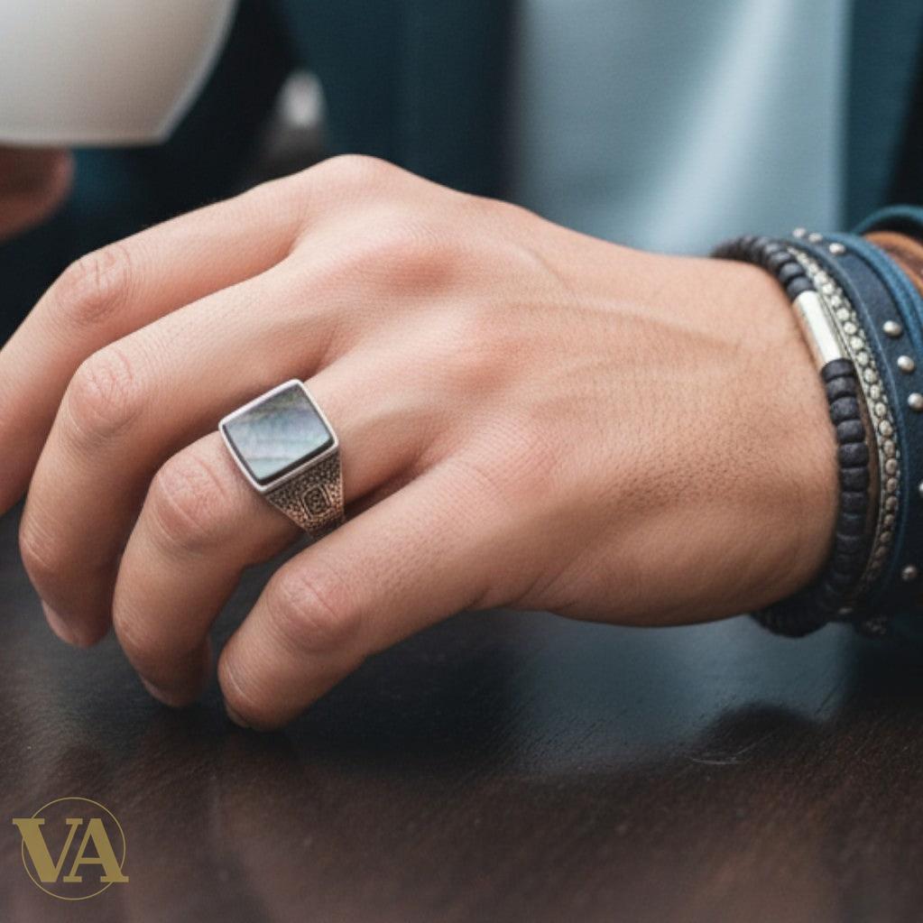 Bague Homme Argent 925 Nacre Grise Carrée