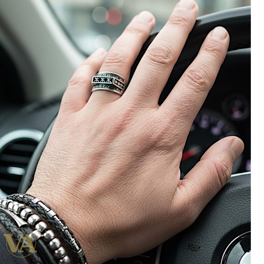 Bague homme argent 925 – Motifs Tifinagh & Onyx Noir
