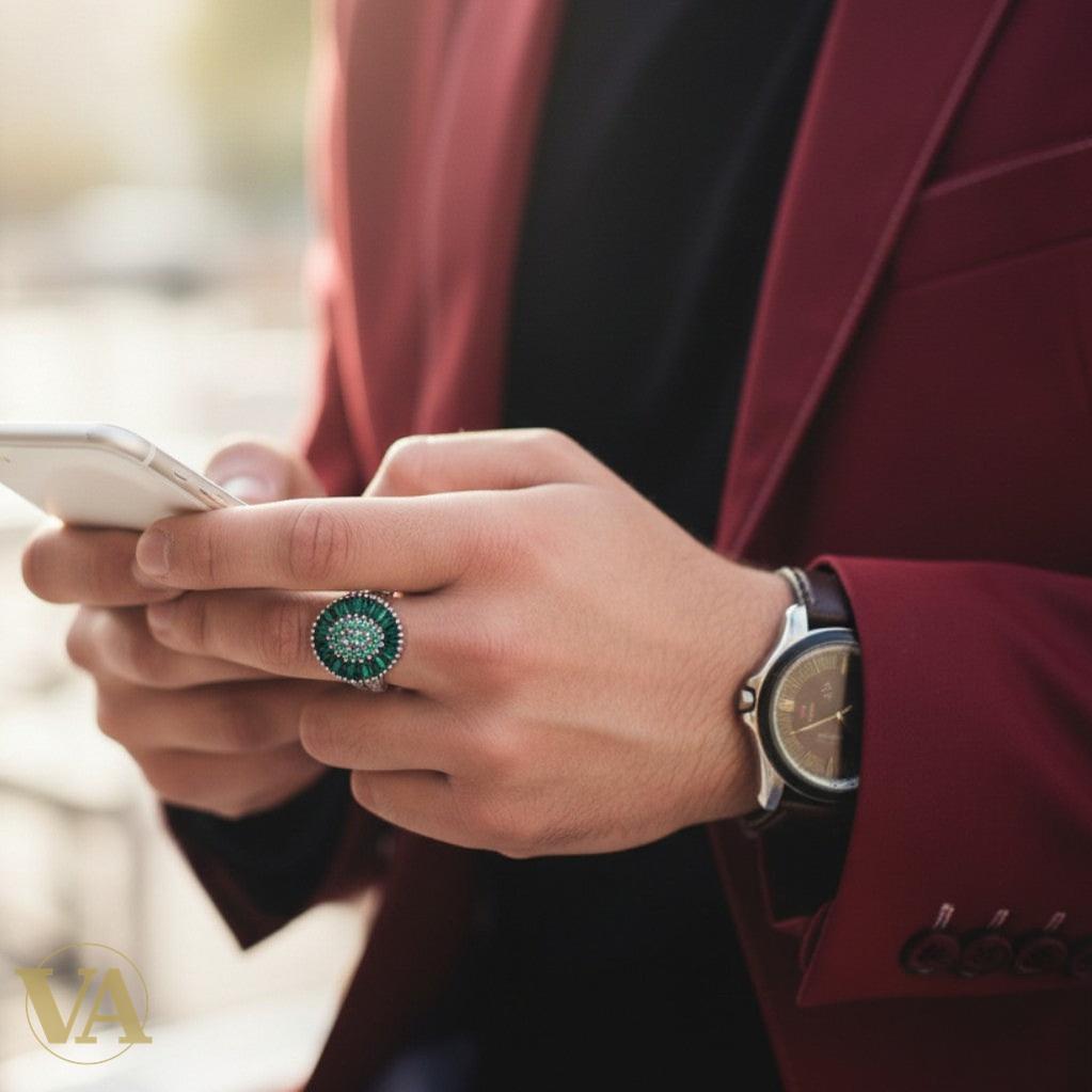 Bague Homme Argent 925 – Marcassite & Vert Émeraude