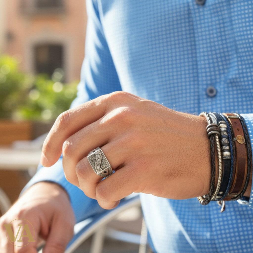 Bague Homme Argent 925 – Marcassites serties & motif géométrique