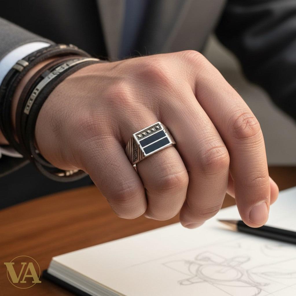 Chevalière Homme Argent 925 Onyx Noir et Marcassite | Bijoux Vindicta