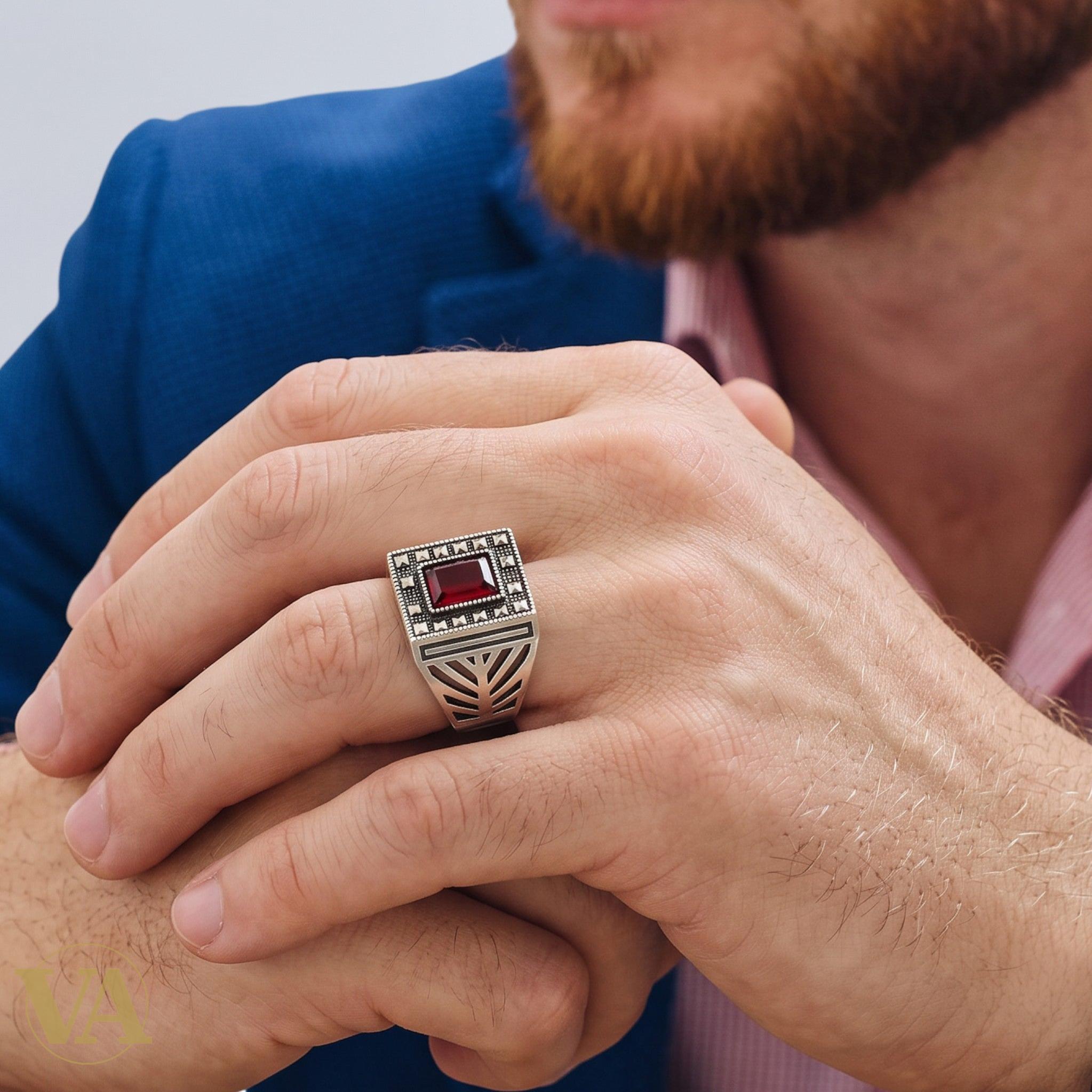 Chevalière Homme Argent 925 Grenat Rouge Marcassite Motif Éventail - Argent 925 - Vindicta