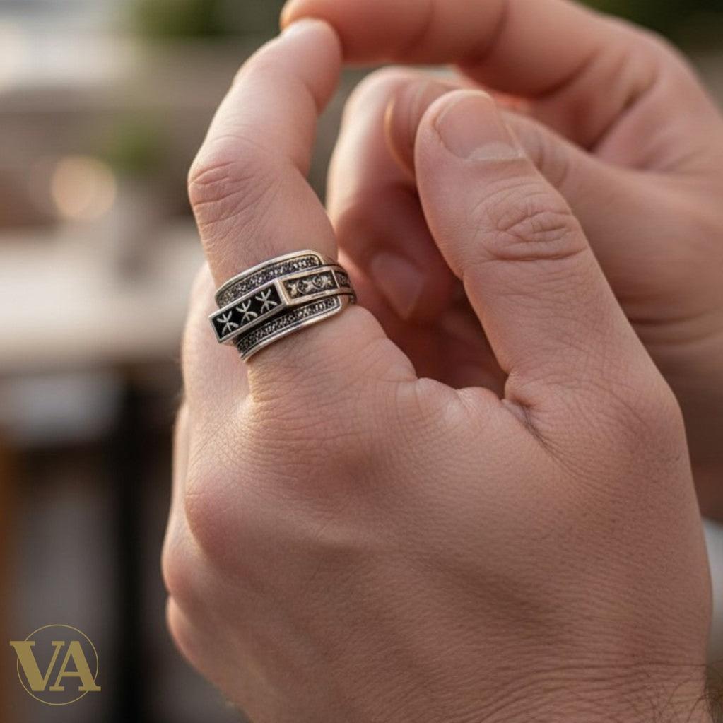 Bague homme argent 925 – Motifs Tifinagh & Onyx Noir