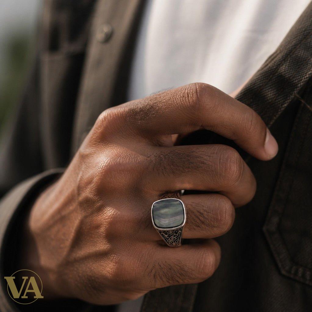 Chevalière Homme Argent 925 Nacre Noire Entrelacs Ciselés - Argent 925 - Vindicta