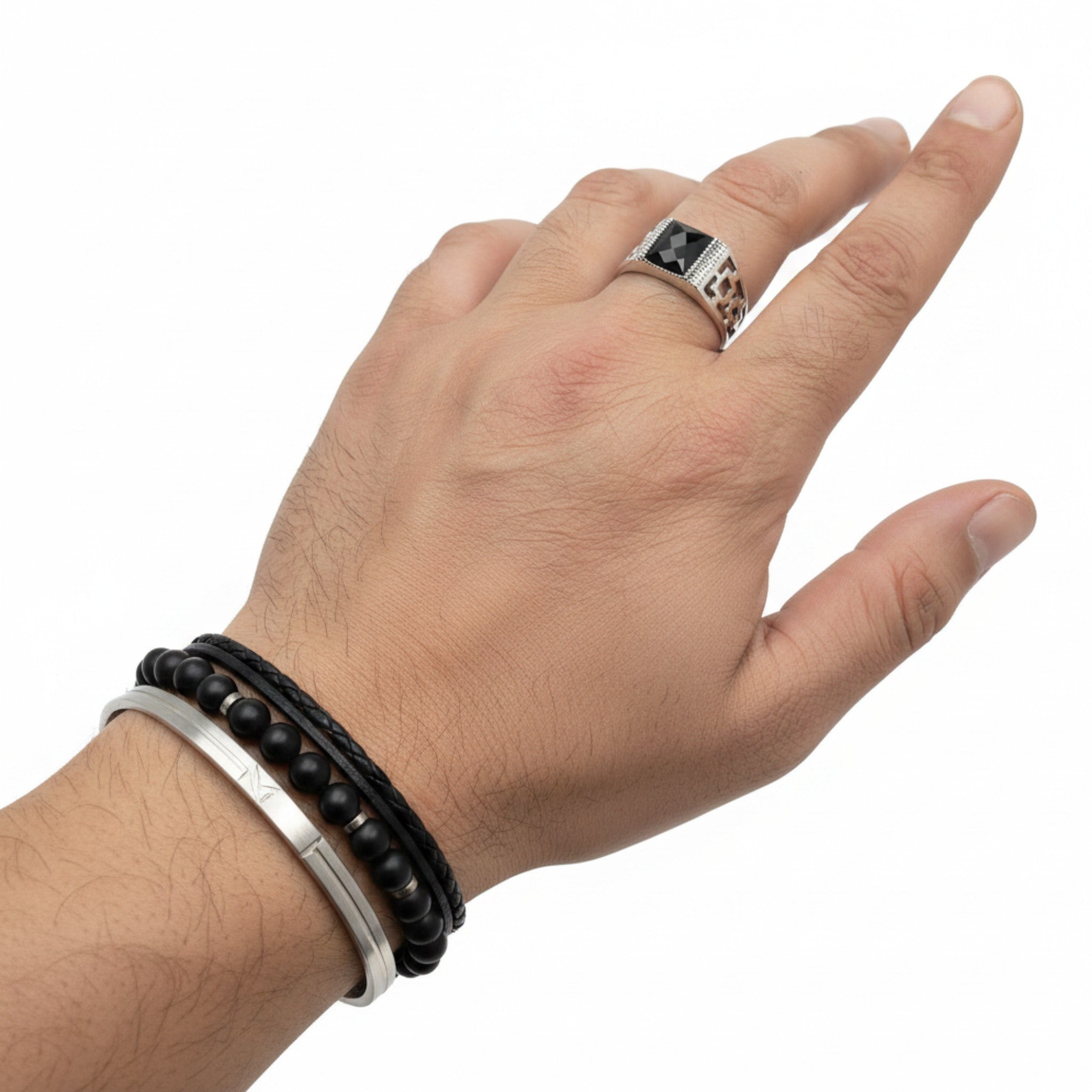 Chevalière Homme Argent 925 Onyx Noir Taille Carrée Motif Grec