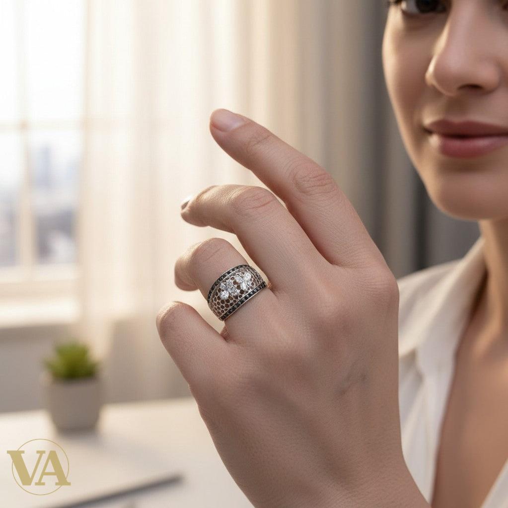 Bague femme argent 925 Abeilles Nid d'abeilles Onyx noir Zircons-Vindicta : Bijoux Argent 925 Massif, Luxe et Héritage