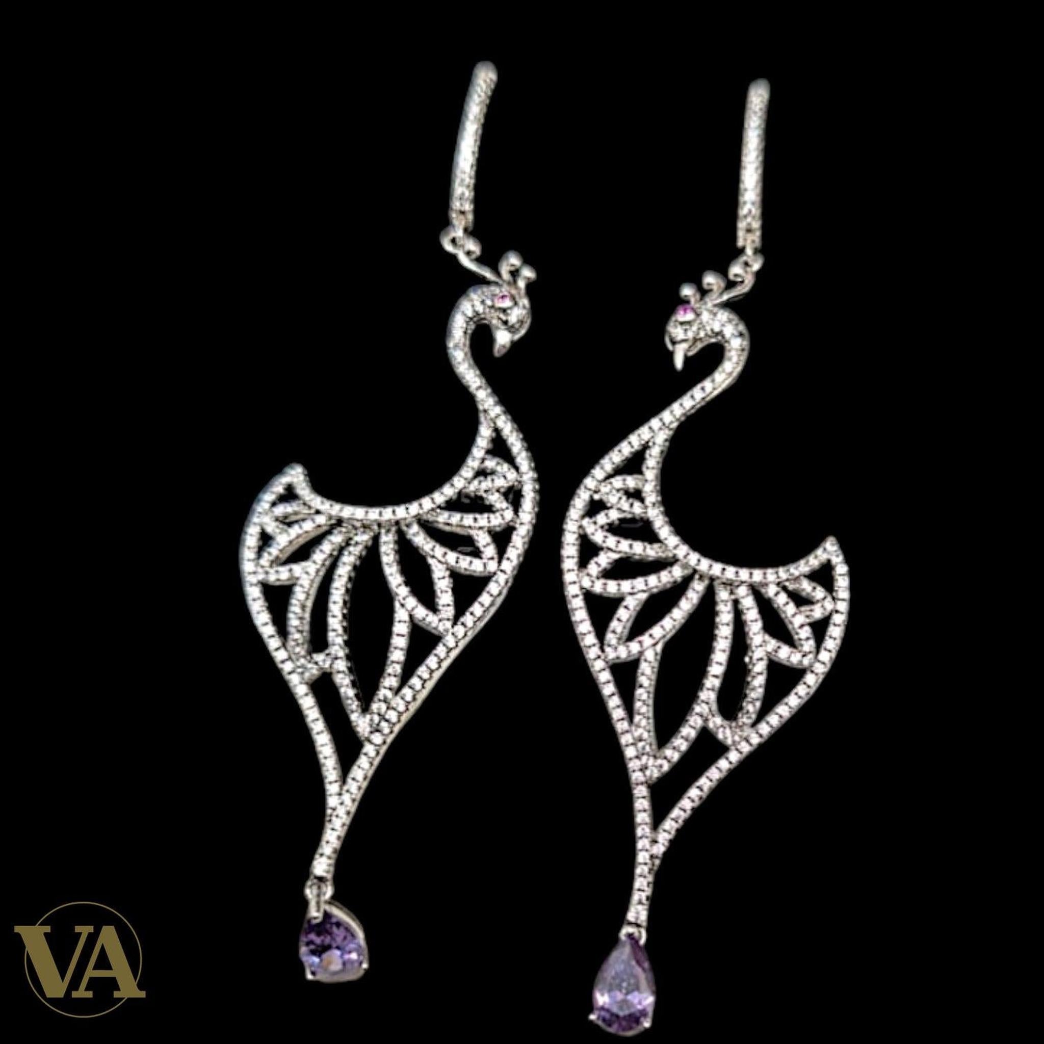 Boucles d'Oreilles Femme Argent 925 Paon et Améthyste | Bijoux Vindicta