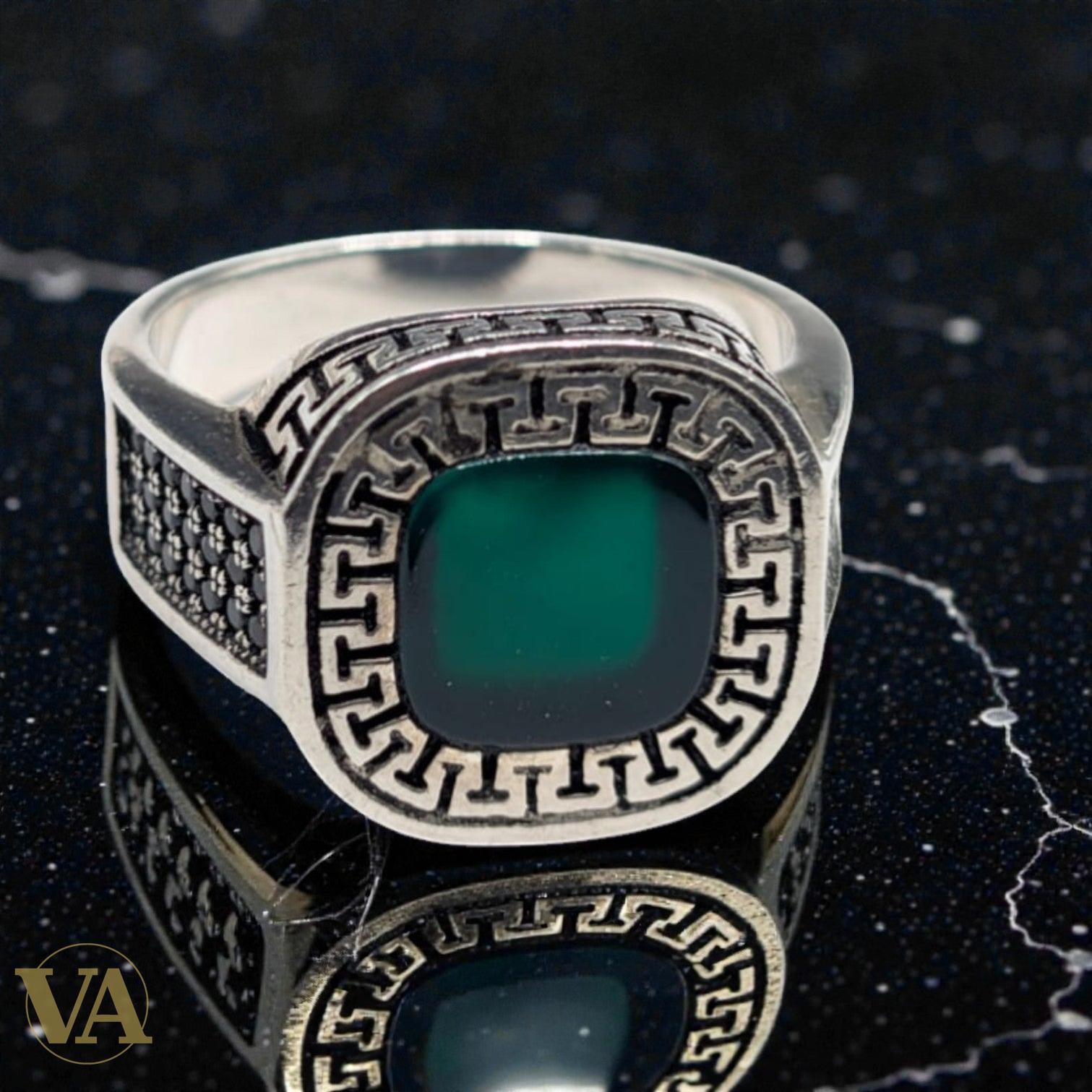 Bague Homme Argent 925 Agate Verte – Méandre Grec & Marcassites | Bijoux Vindicta