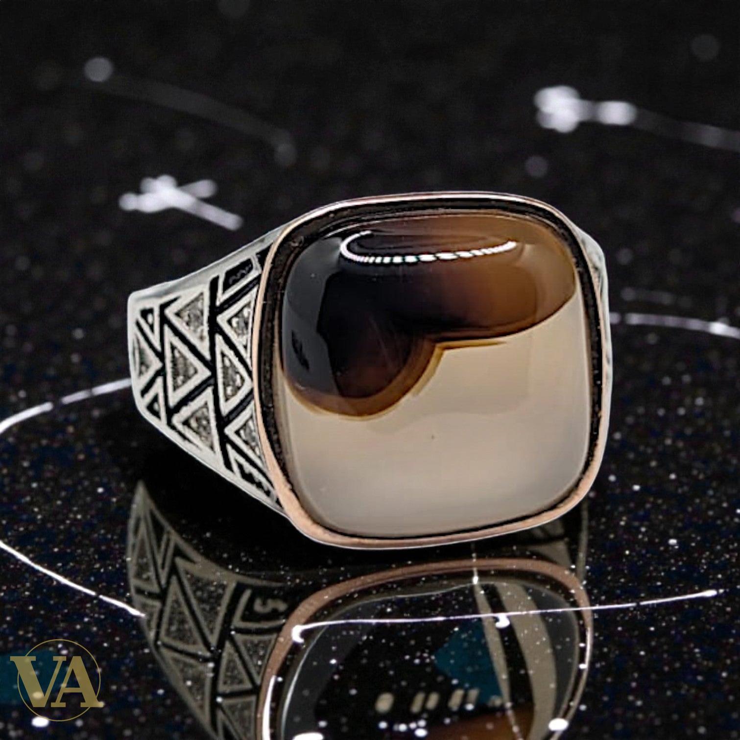 Bague homme argent 925 – Agate Fumée & Motifs Géométriques | Bijoux Vindicta