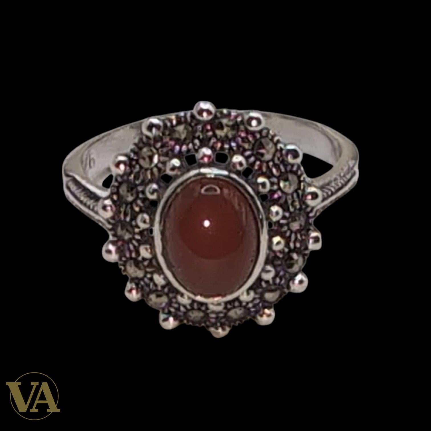 Bague Femme Argent 925 Cornaline Ovale & Marcassite – Style Vintage Solaire