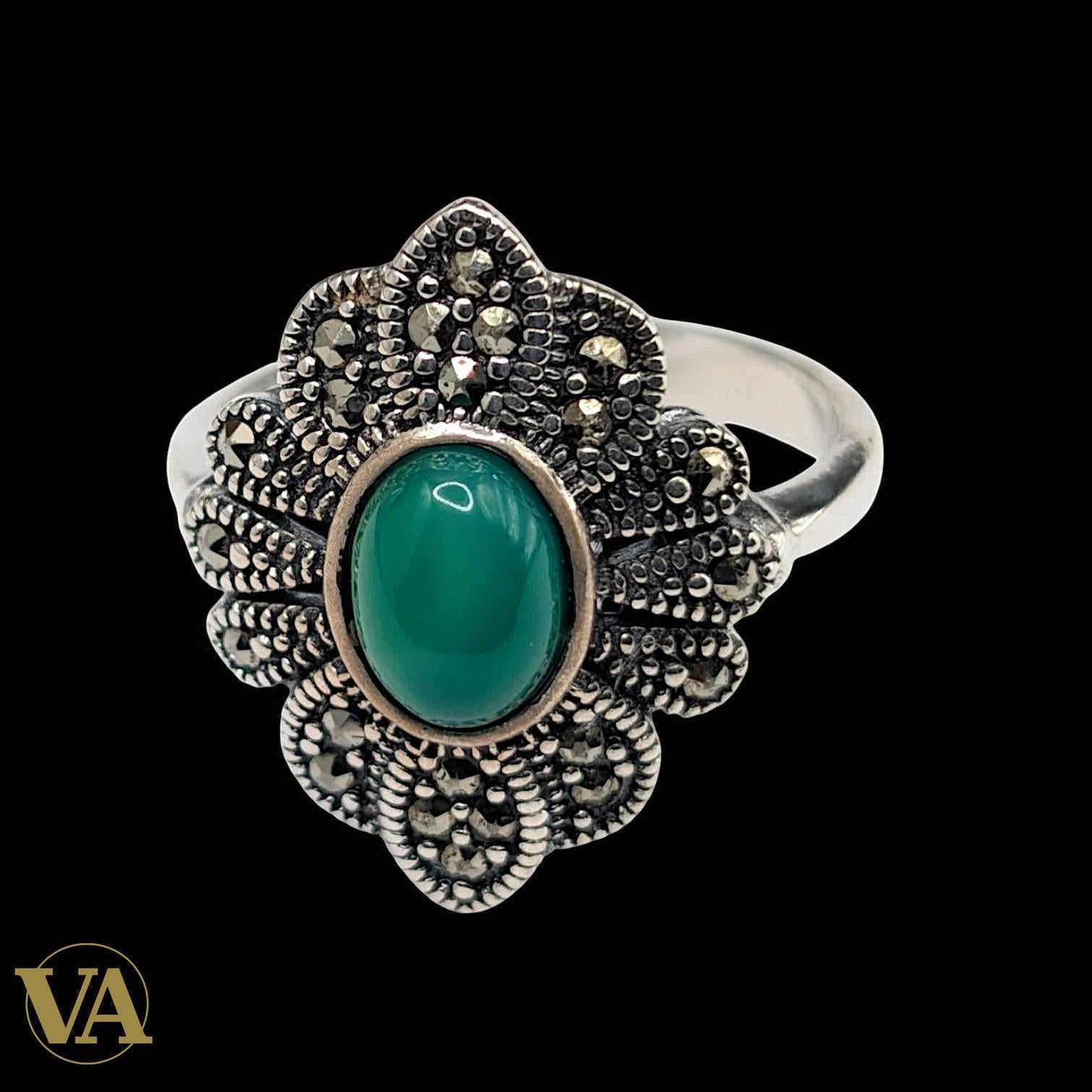 Bague Femme en argent 925 & aventurine verte – Marcassite