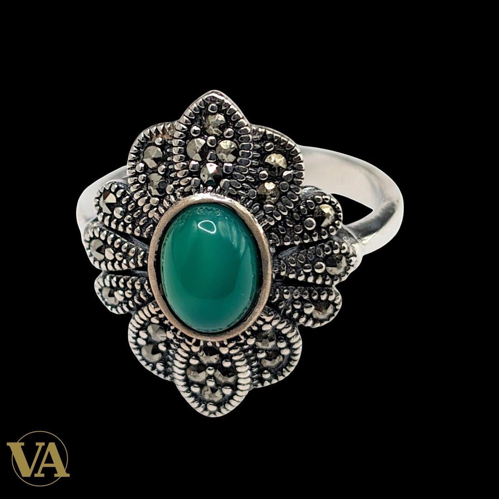 Bague Femme en argent 925 & aventurine verte – Marcassite - Argent 925 - Vindicta