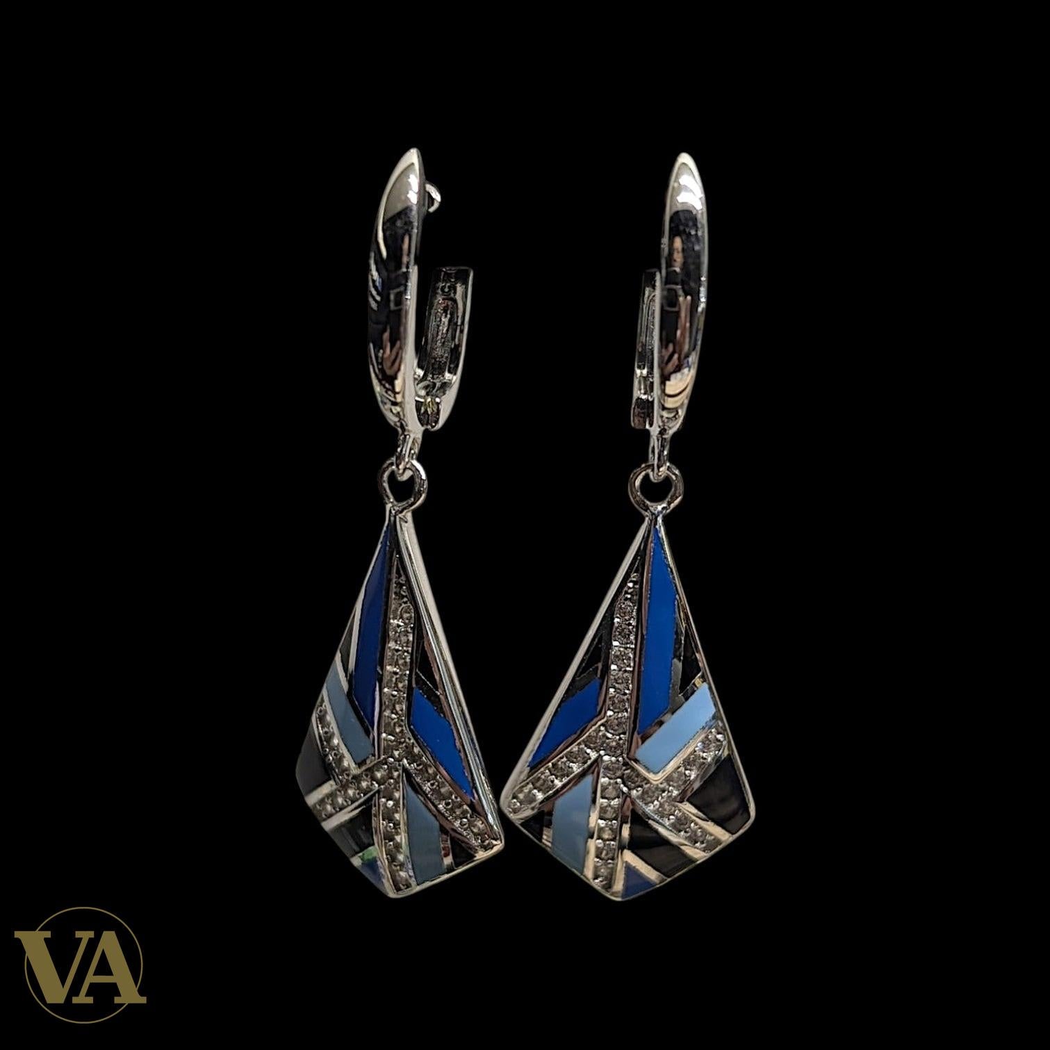 Boucles d'oreilles Pendantes Femme Argent 925 – Émail Bleu Géométrique & Zirconiums