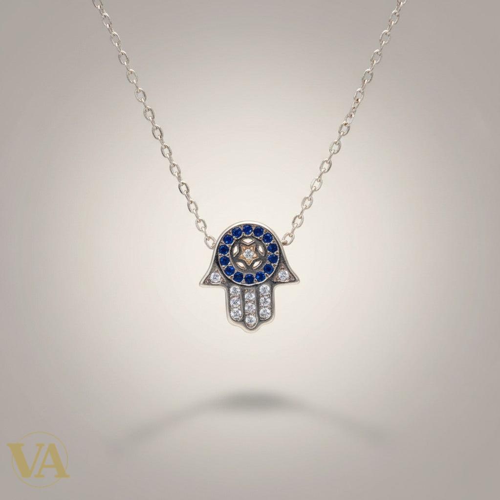 Collier Femme Main de Fatma Argent 925 Plaqué Or Rose — Zircons Saphir & Blancs