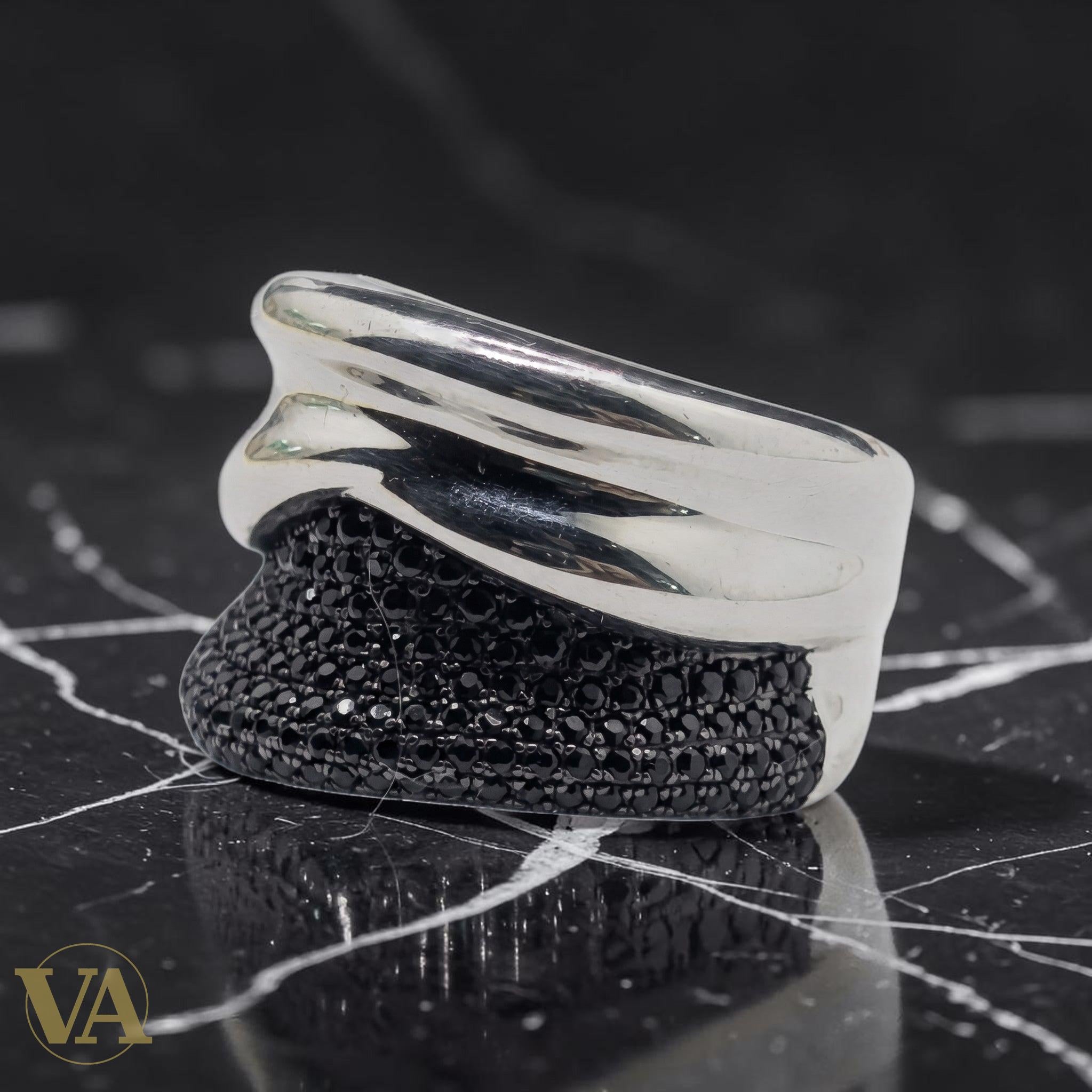 Bague Femme Argent 925 Bicolore Pavé Zirconium Noir Design Sculptural