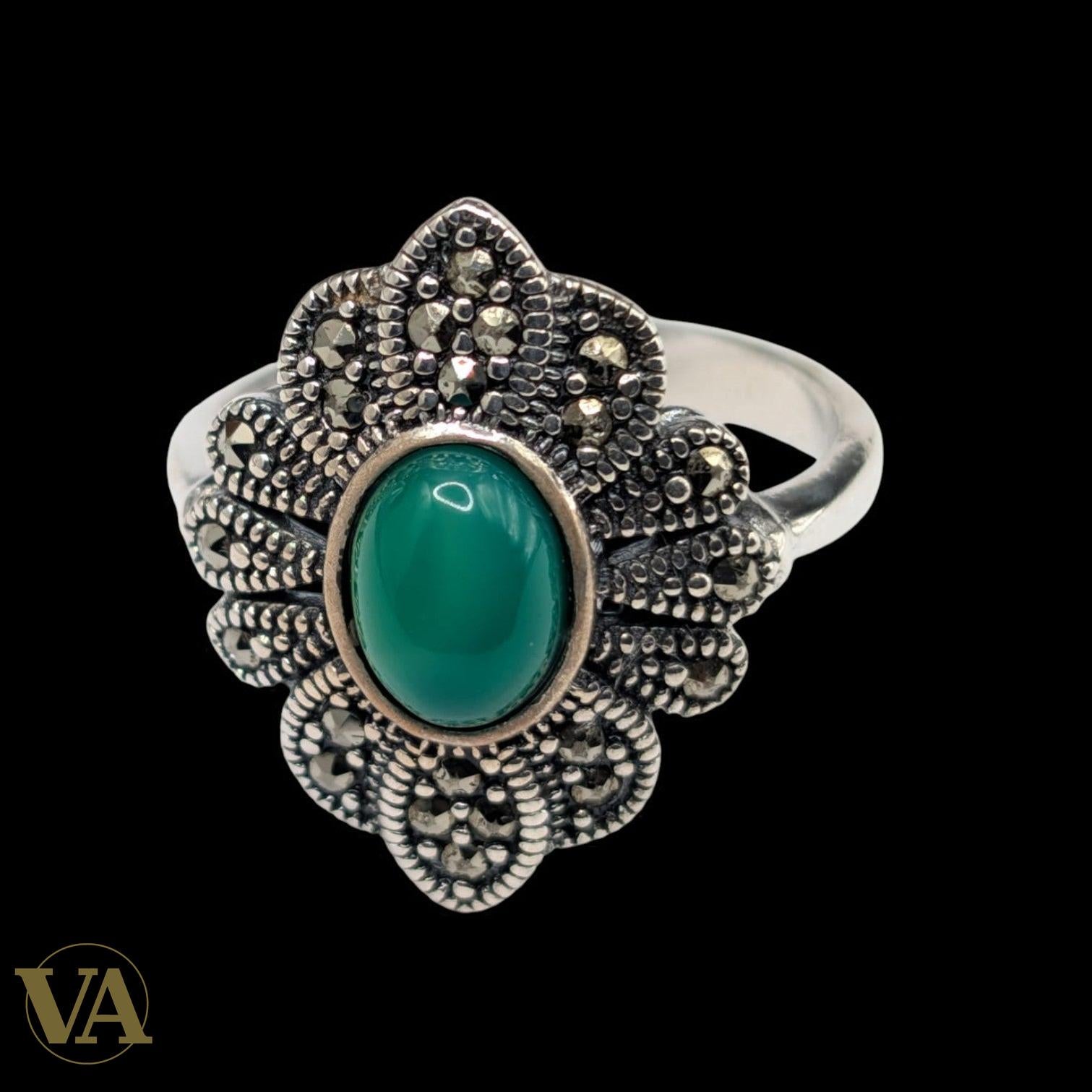 Bague Femme en argent 925 & aventurine verte – Marcassite