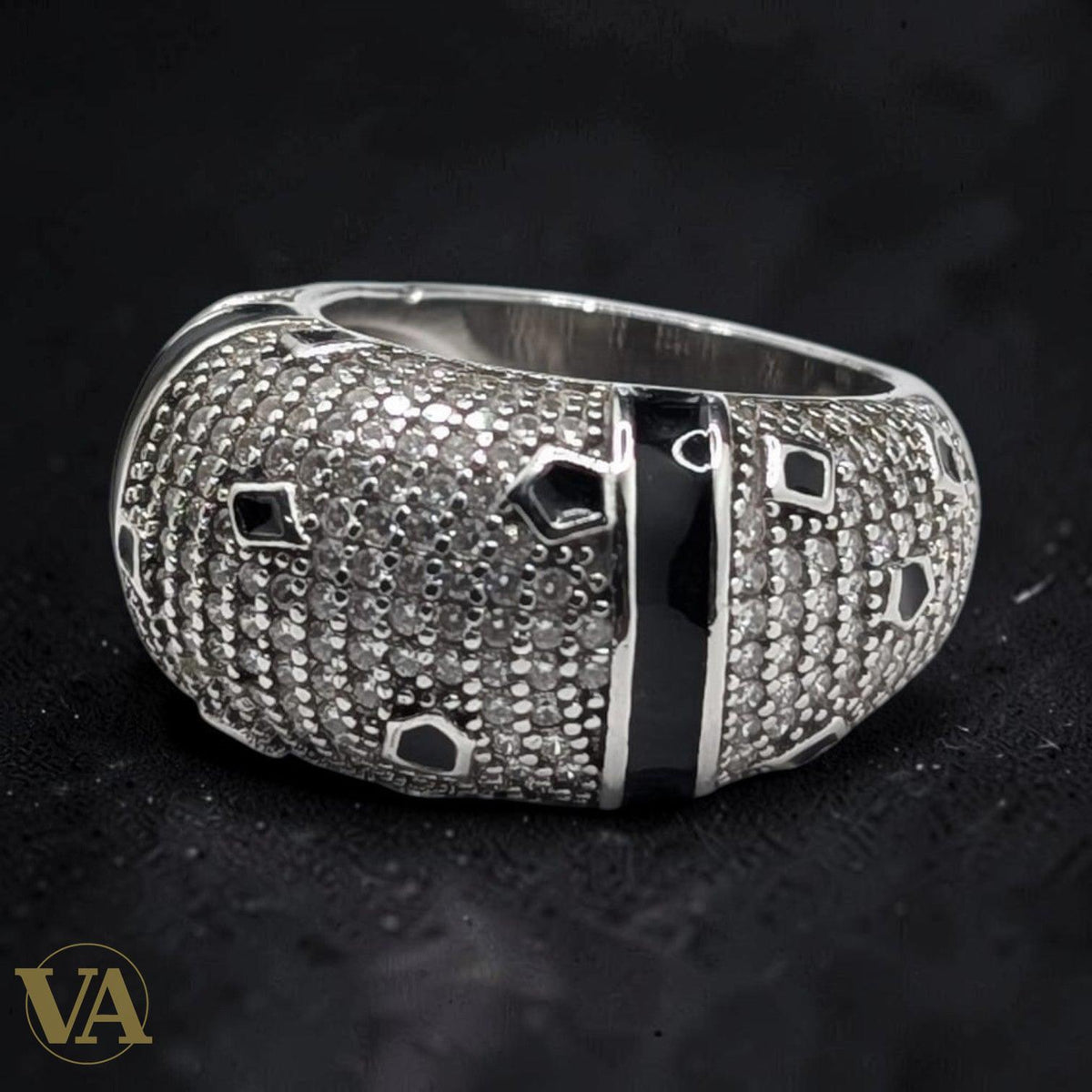 Bague Homme Argent 925 Dôme Pavé Zircons Onyx Noir - Argent 925 - Vindicta