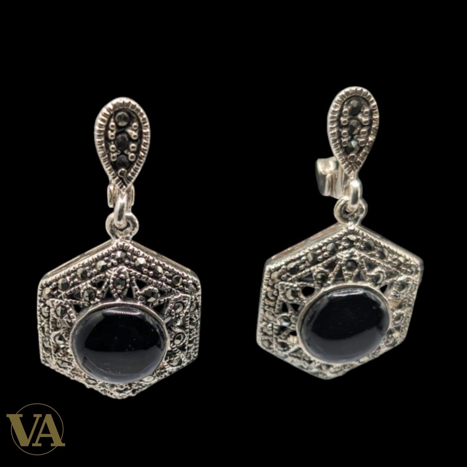 Boucles d'Oreilles Argent 925 Onyx et Marcassite Art Déco