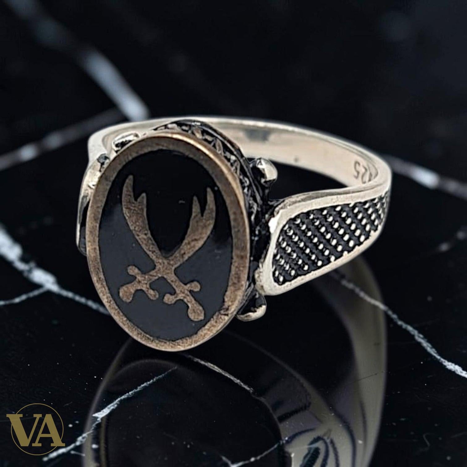 Chevalière Homme Argent 925 & Onyx – Épées Croisées Plaqué Or Rose | Bijoux Vindicta
