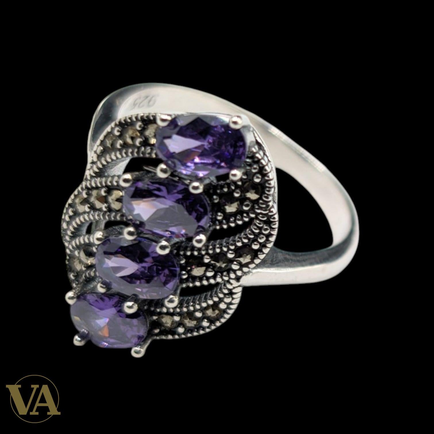 Bague Femme Argent 925 Améthyste & Marcassite – Design Vintage