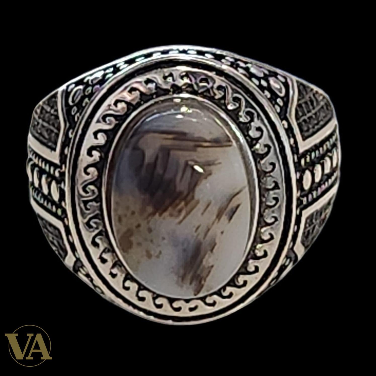Bague homme argent 925 agate dendritique naturelle