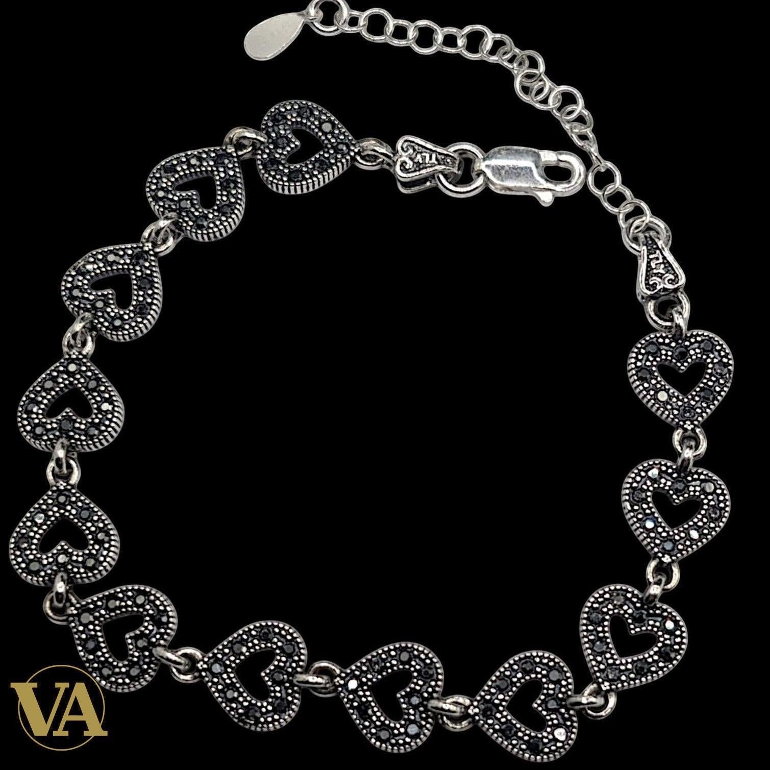 Bracelet Femme Argent 925 Cœurs Marcassite Vintage | Bijoux Vindicta