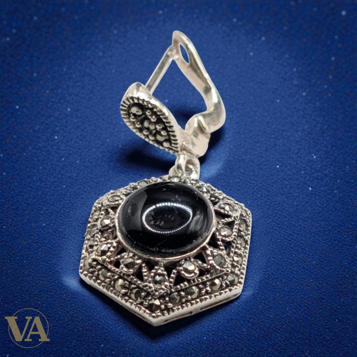 Boucles d'Oreilles Argent 925 Onyx et Marcassite Art Déco