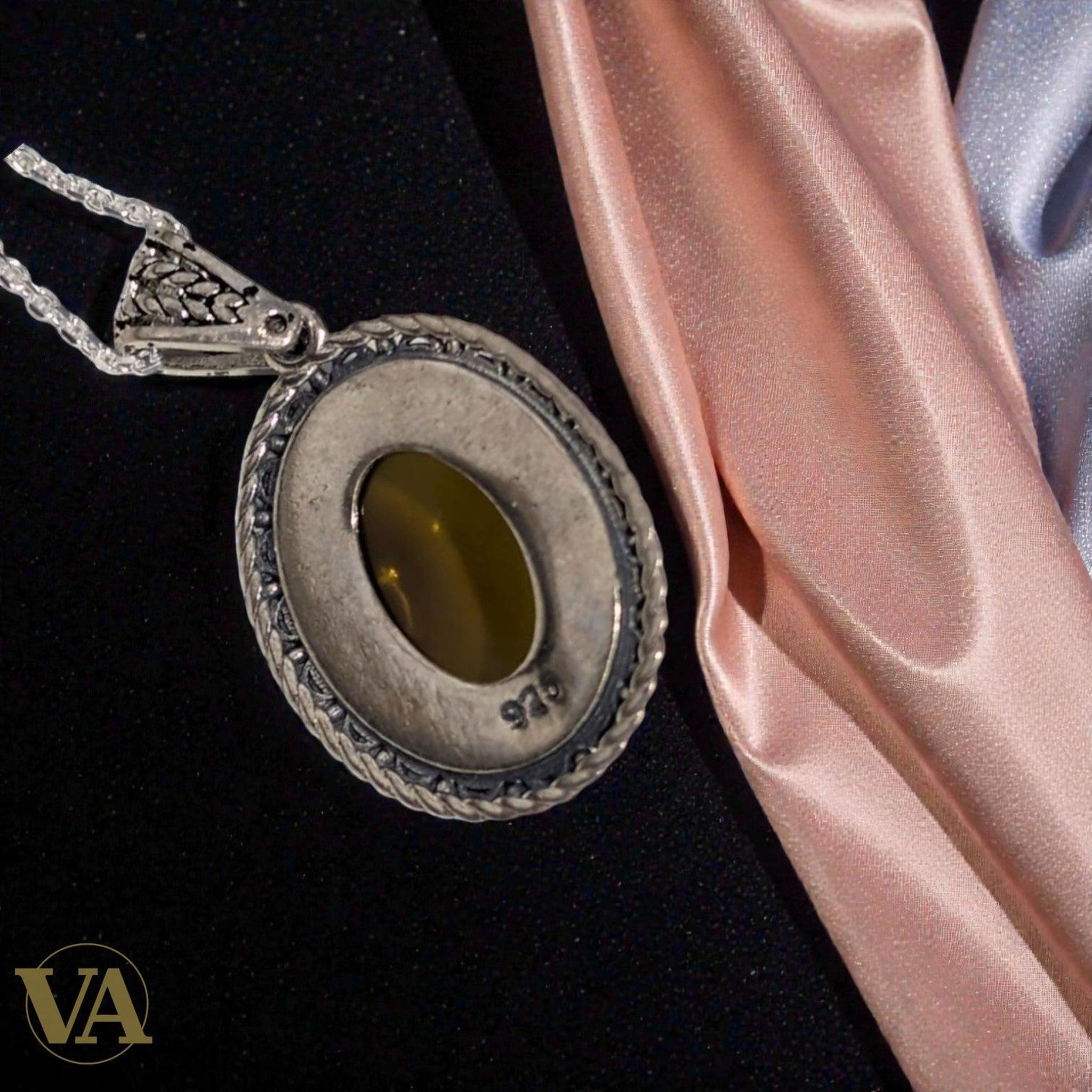 Collier Femme Ambre Argent 925 - Pendentif Pierre Naturelle Miel Dorée - Argent 925 - Vindicta