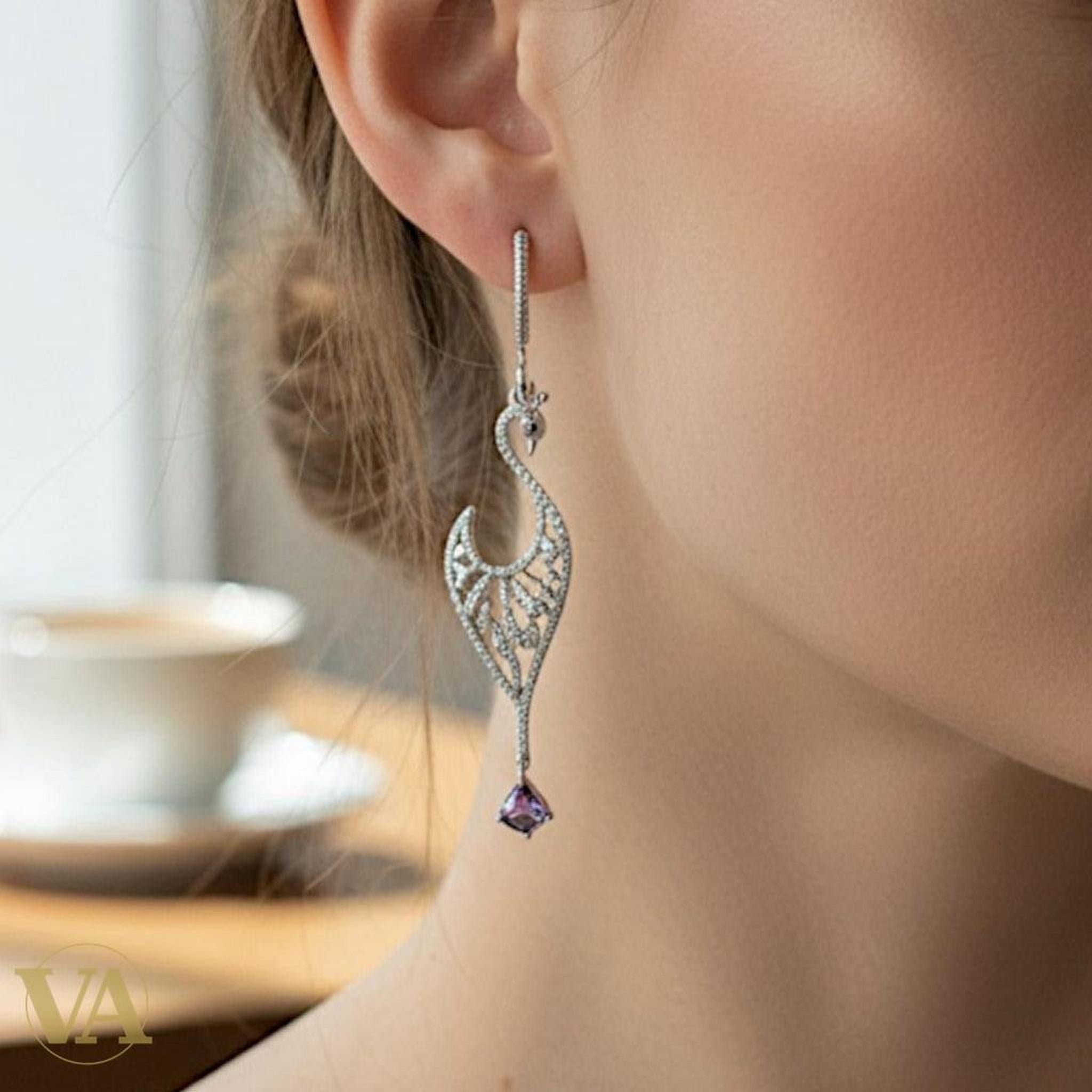 Boucles d'Oreilles Femme Argent 925 Paon et Améthyste | Bijoux Vindicta