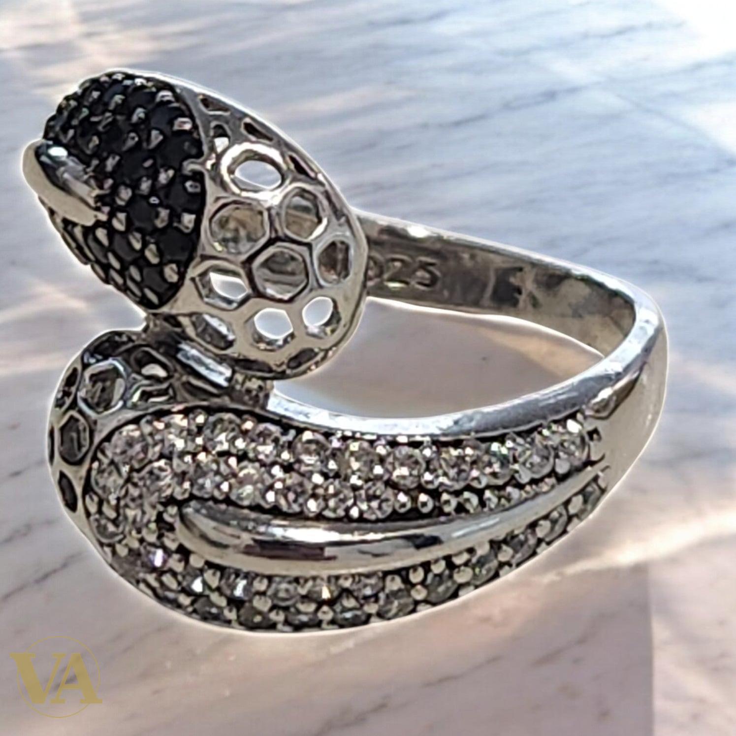 Bague Femme Argent 925 Onyx Noir et Oxyde Blanc – Design Croisé Contemporain