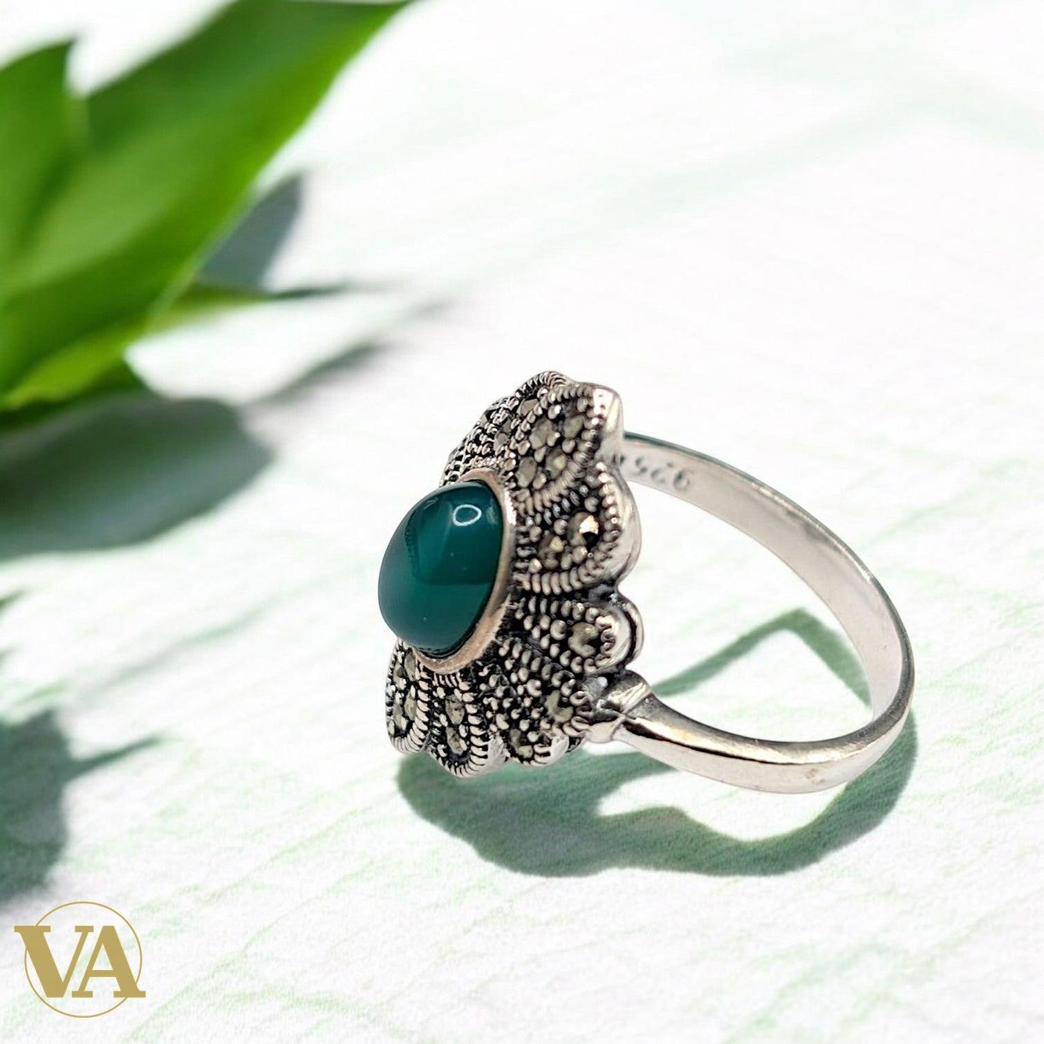 Bague Femme en argent 925 & aventurine verte – Marcassite | Bijoux Vindicta