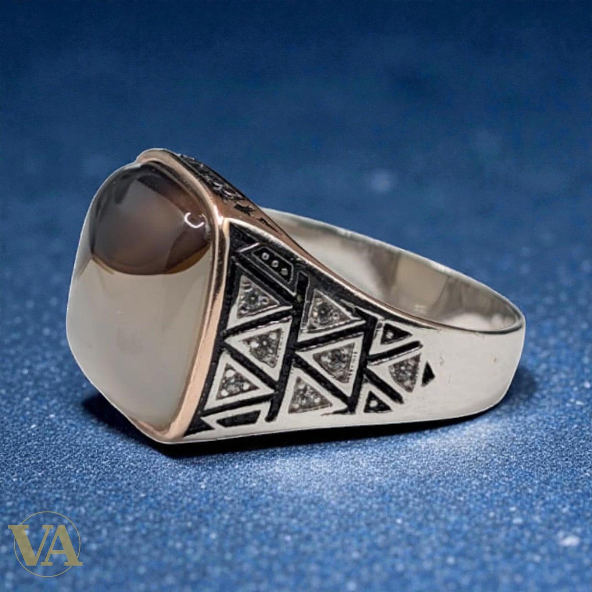 Bague homme argent 925 – Agate Fumée & Motifs Géométriques - Argent 925 - Vindicta