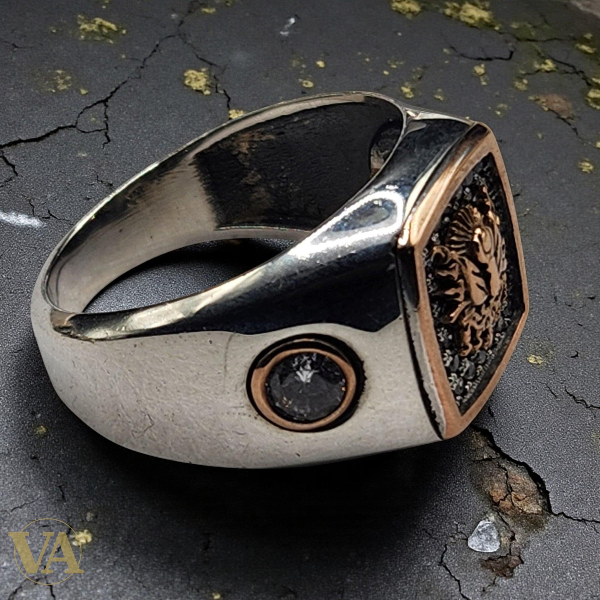 Bague Homme Argent 925 – Motif central pavé de pierres noires & détails or rose