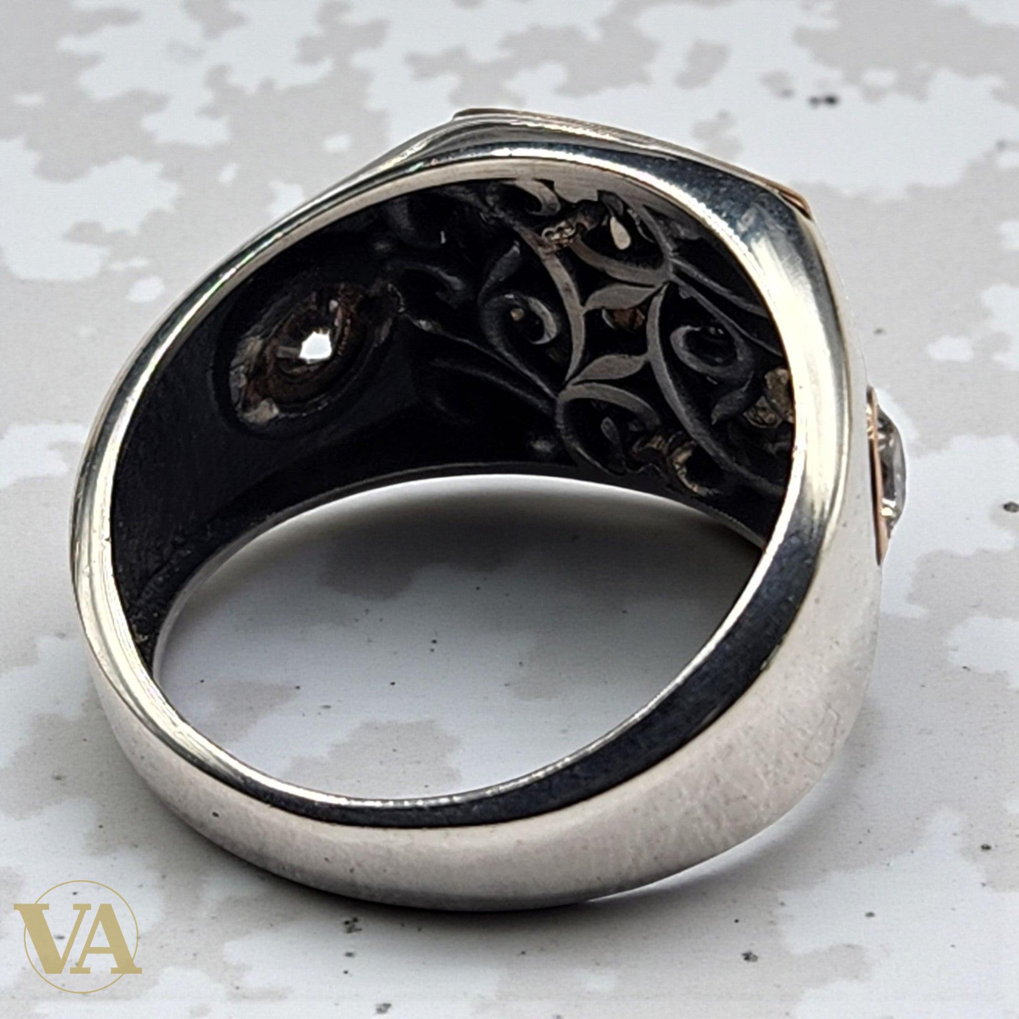 Bague Homme Argent 925 – Motif central pavé de pierres noires & détails or rose