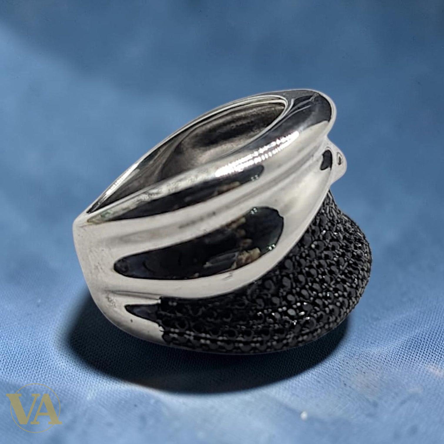 Bague Femme Argent 925 Bicolore Pavé Zirconium Noir Design Sculptural
