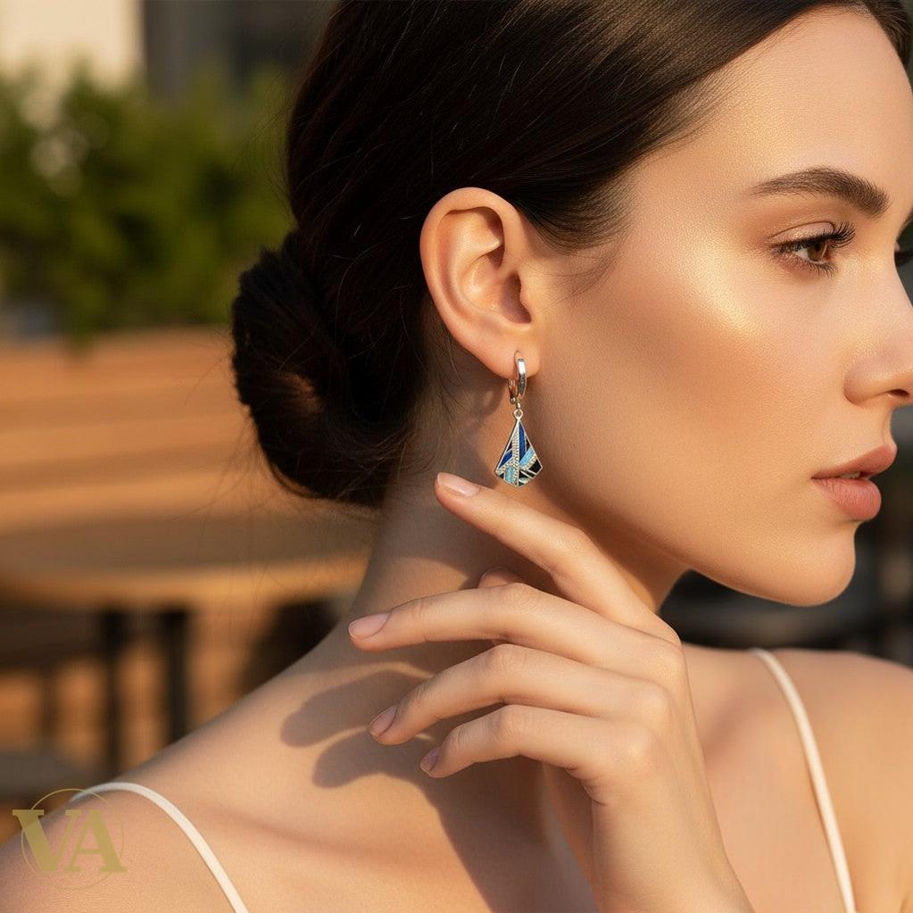 Boucles d'oreilles Pendantes Femme Argent 925 – Émail Bleu Géométrique & Zirconiums-Vindicta : Bijoux Argent 925 Massif, Luxe et Héritage