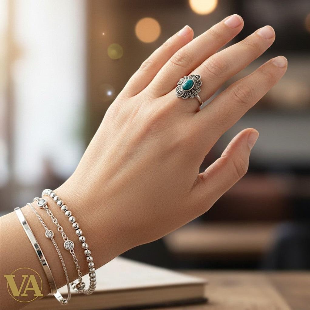 Bague Femme en argent 925 & aventurine verte – Marcassite