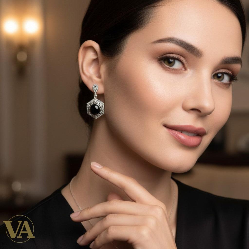 Boucles d'Oreilles Argent 925 Onyx et Marcassite Art Déco