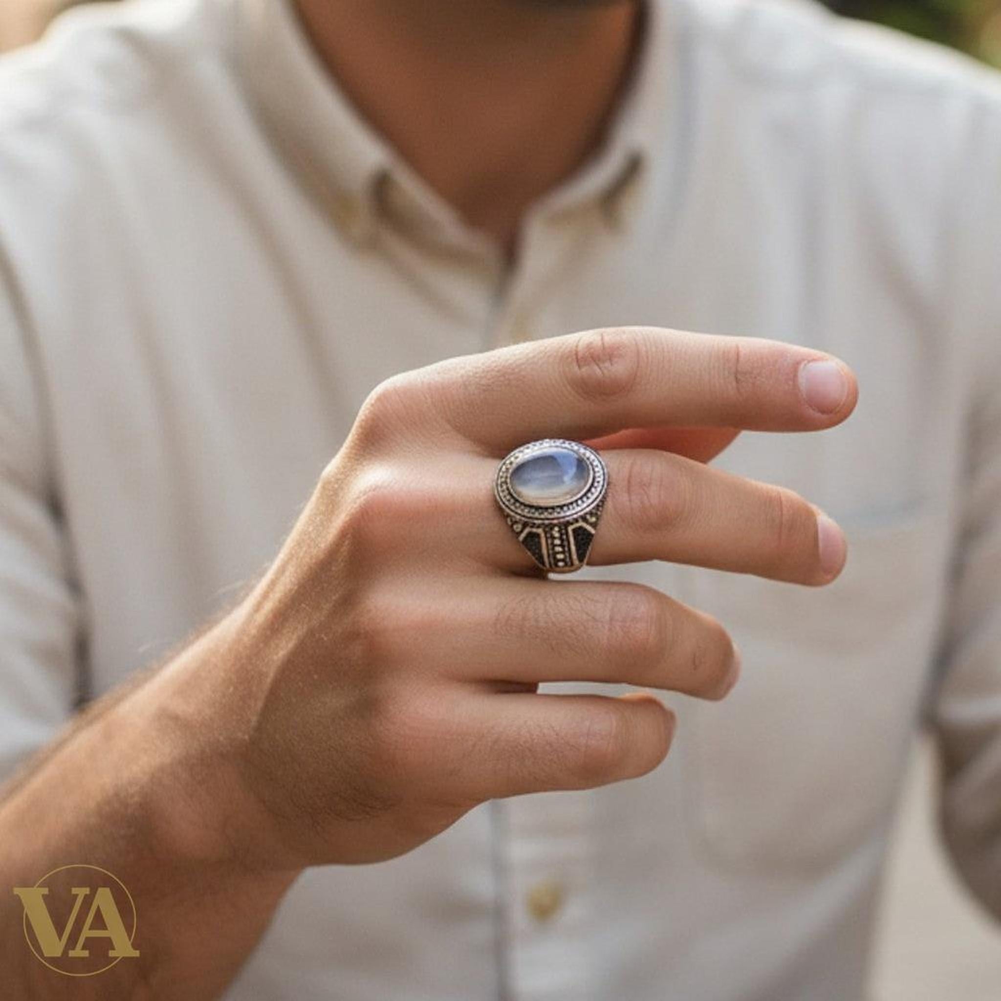 Bague Homme Argent 925 Agate Grise – Élégance Authentique - Argent 925 - Vindicta
