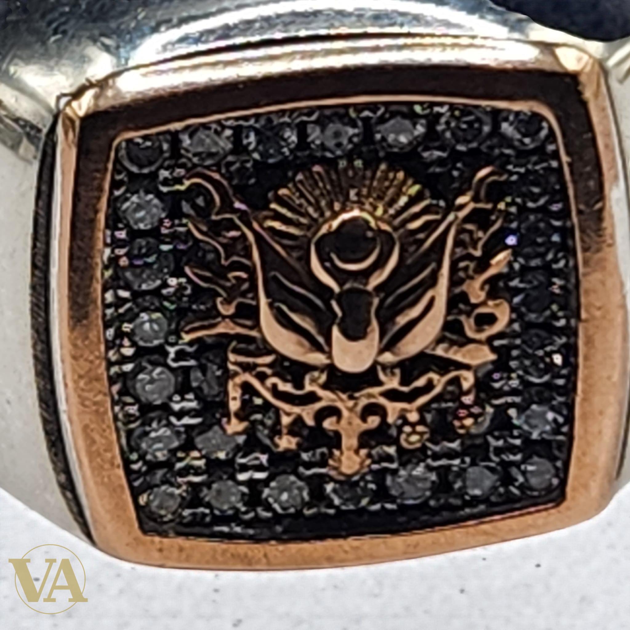 Bague Homme Argent 925 – Motif central pavé de pierres noires & détails or rose