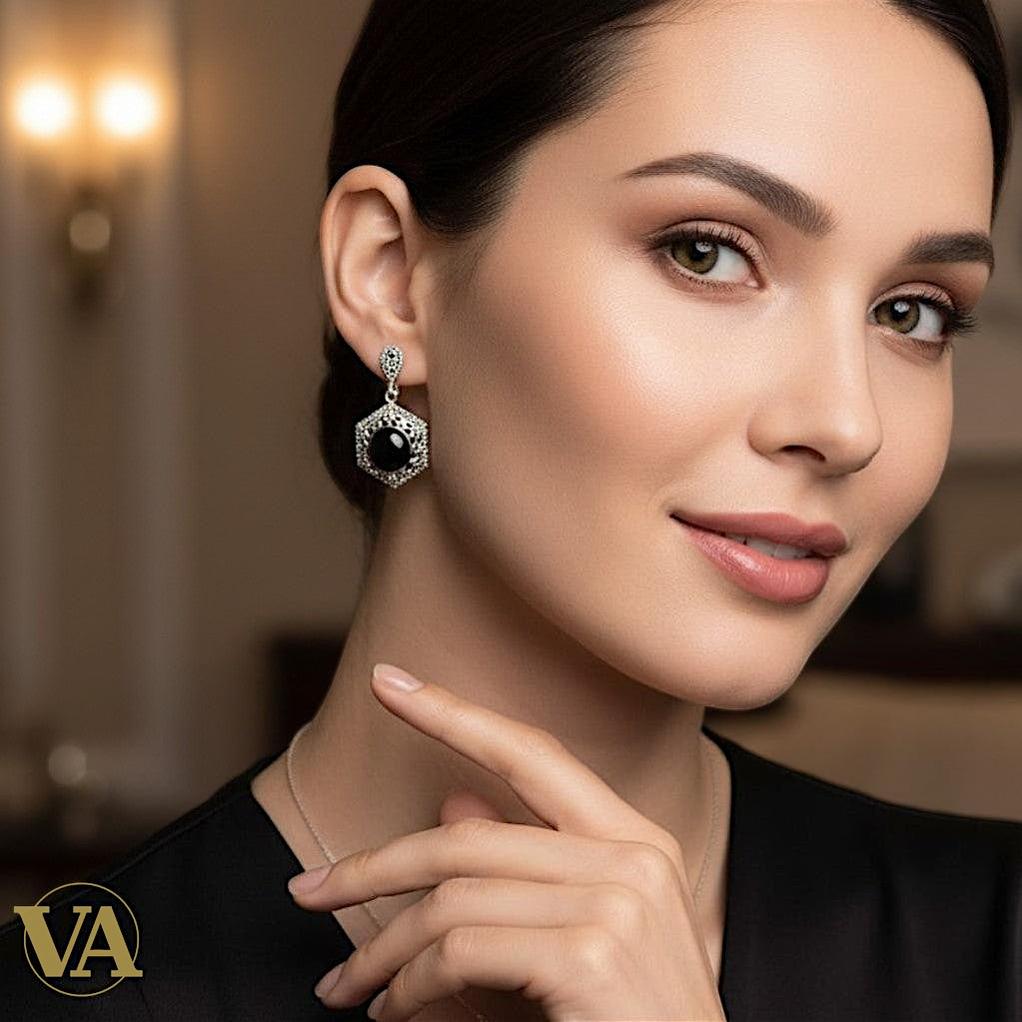 Boucles d'Oreilles Femme Argent 925 Onyx et Marcassite Art Déco-Vindicta : Bijoux Argent 925 Massif, Luxe et Héritage