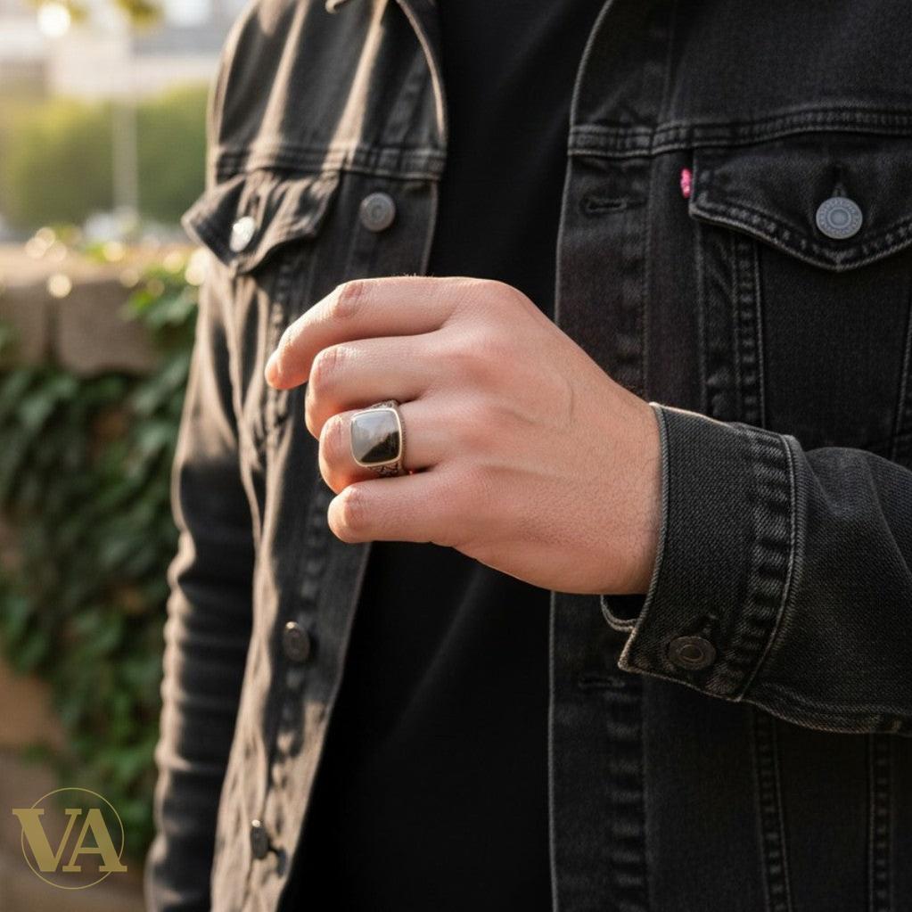 Bague homme argent 925 – Agate Fumée & Motifs Géométriques | Bijoux Vindicta