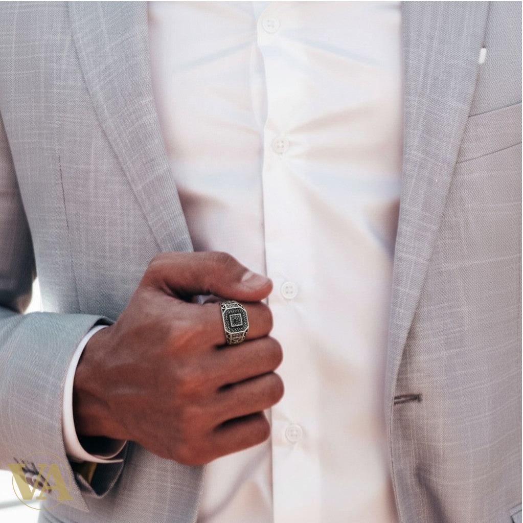 Bague Homme Argent 925 – Pavage de marcassites & design géométrique