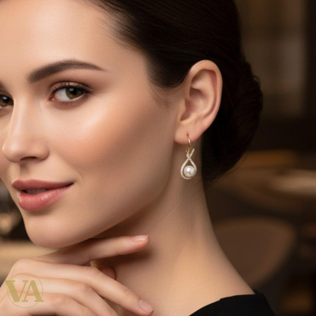 Boucles d’oreilles femme en argent plaqué or, perles & oxydes de zirconium