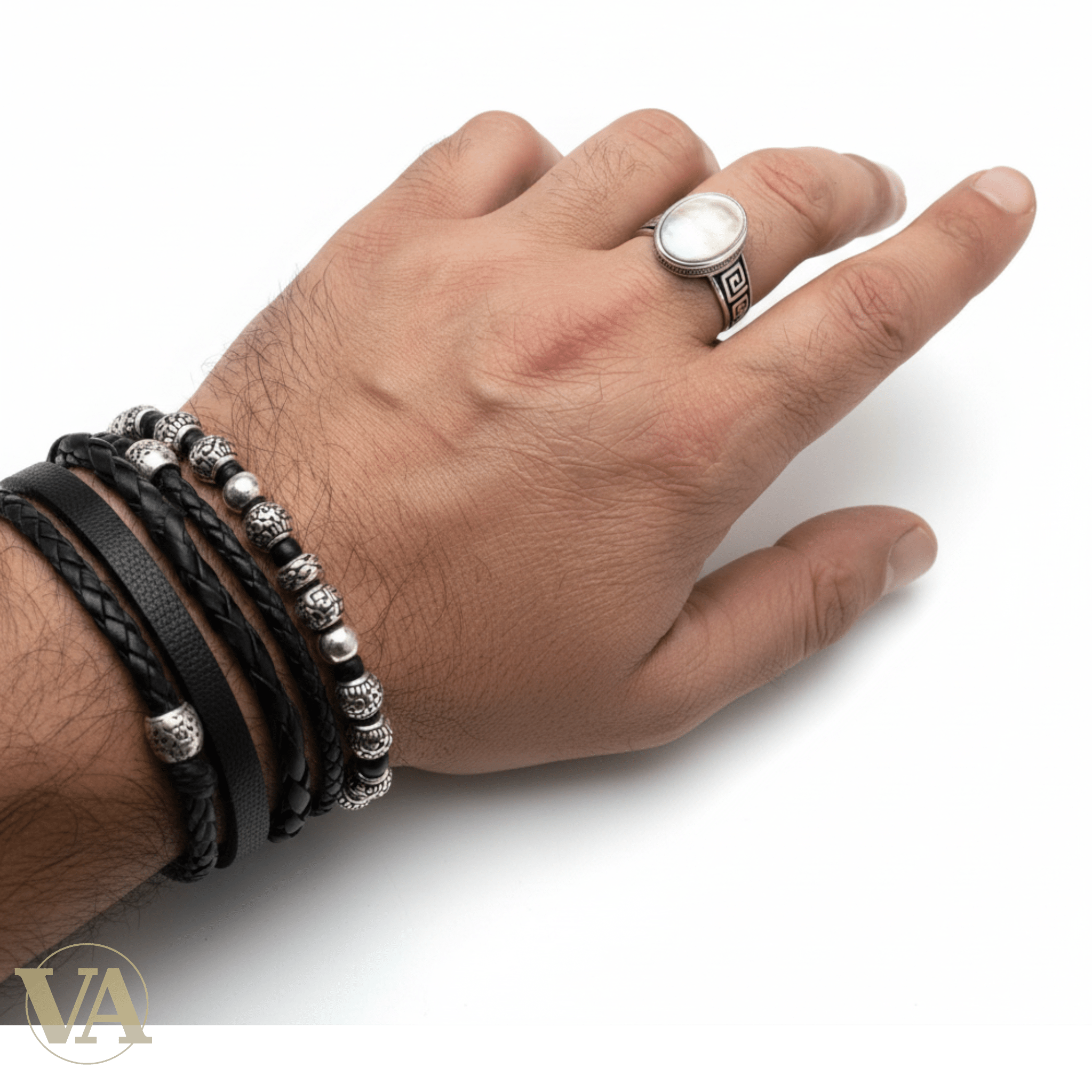 Chevalière Homme Argent 925 Nacre Gris Anthracite Cabochon Ovale Motif Grec-Vindicta : Bijoux Argent 925 Massif, Luxe et Héritage