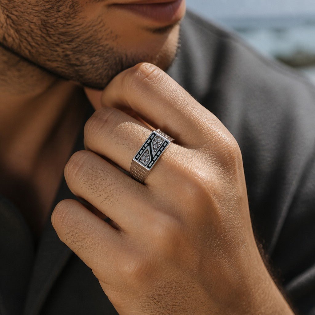 Chevalière Homme Argent 925 Zircons Noirs Art Déco Géométrique - Argent 925 - Vindicta