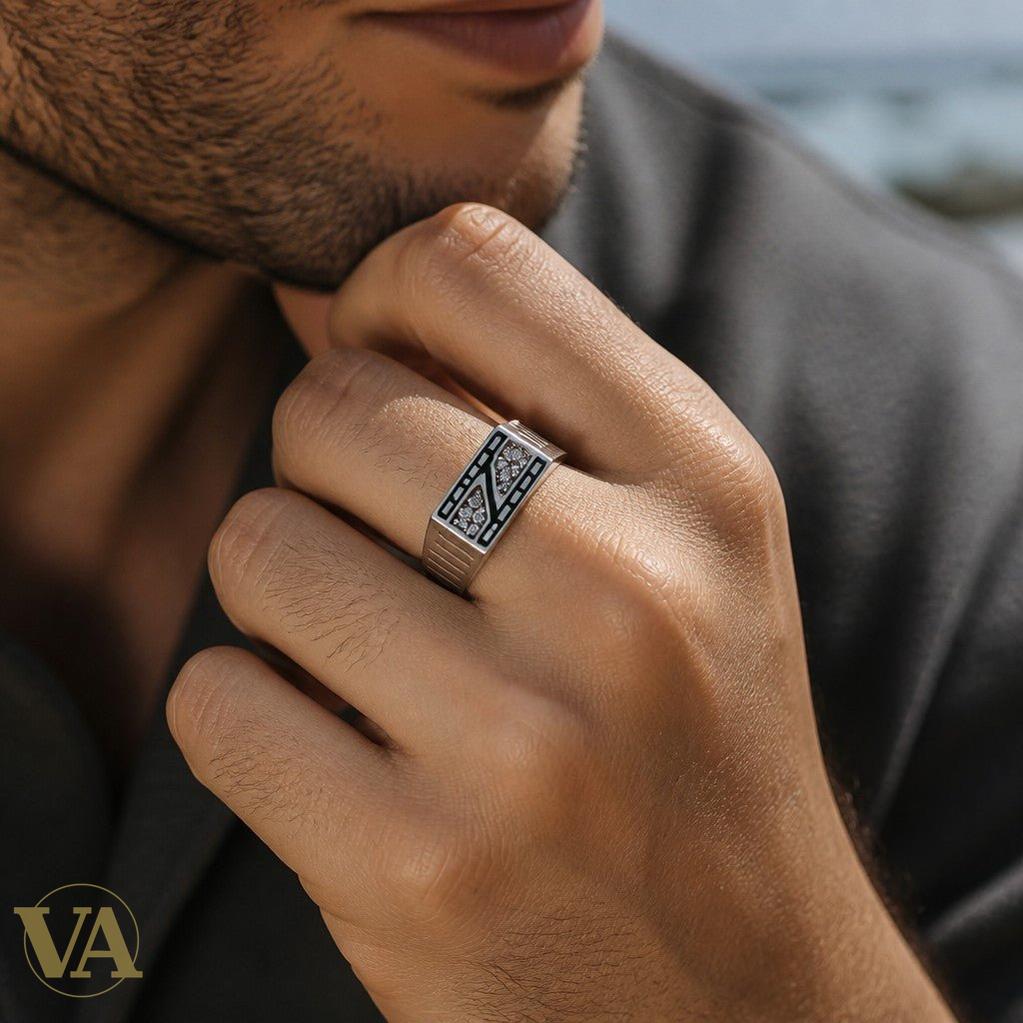 Chevalière Homme Argent 925 Zircons Noirs Art Déco Géométrique - Argent 925 - Vindicta