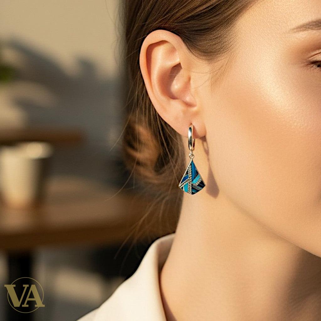 Boucles d'oreilles Pendantes Femme Argent 925 – Émail Bleu Géométrique & Zirconiums